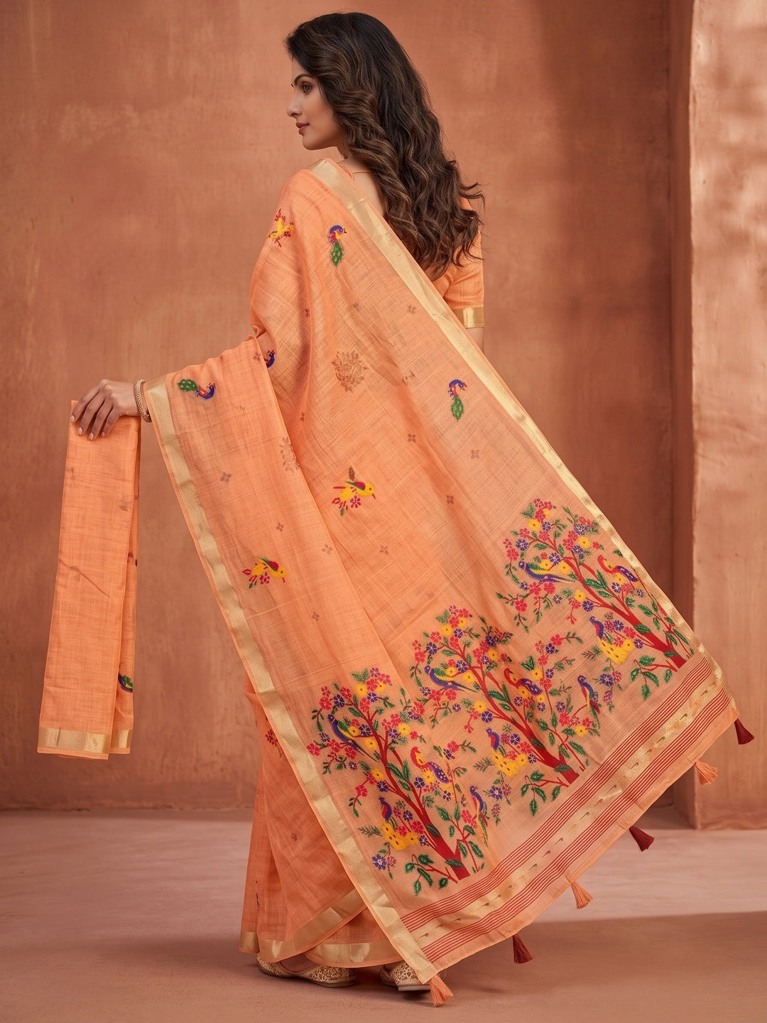 Peachmode Peach Jamdani Woven Silk Cotton Blend Saree - Image 5
