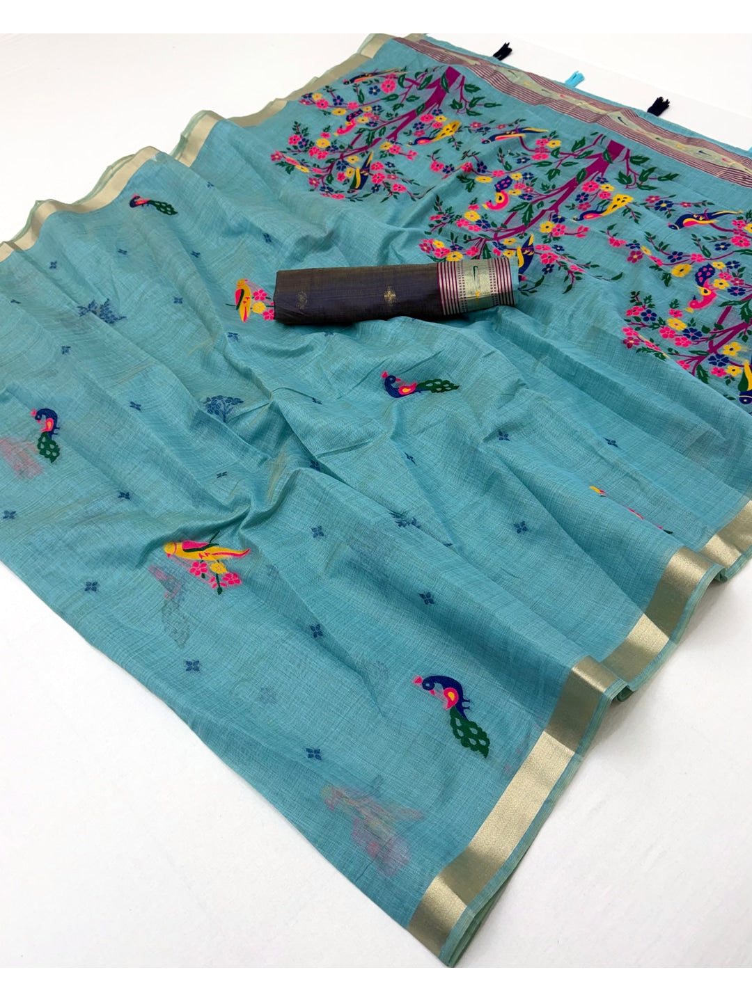Peachmode Blue Jamdani Woven Silk Cotton Blend Saree - Image 2