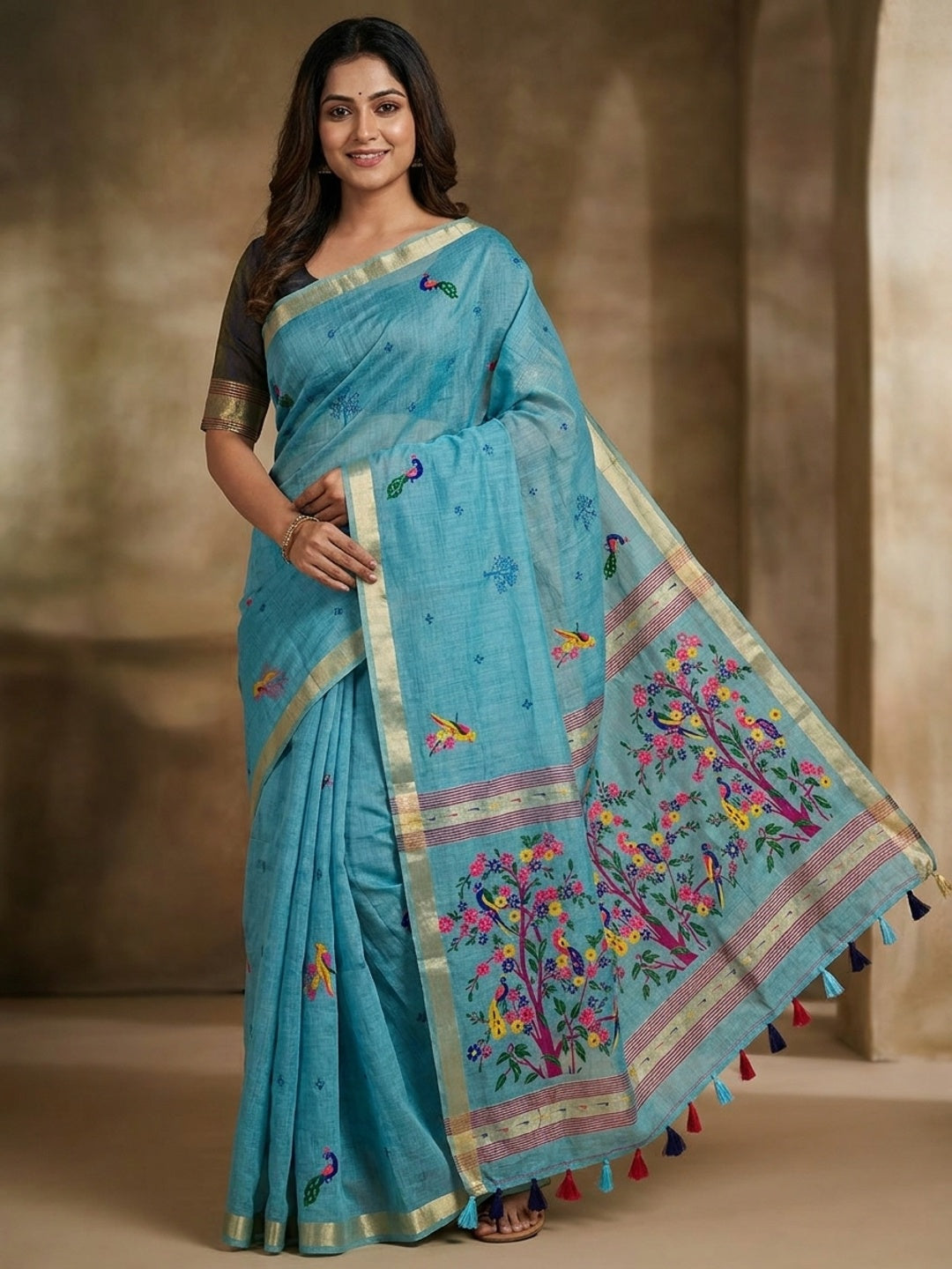 Peachmode Blue Jamdani Woven Silk Cotton Blend Saree - Image 1