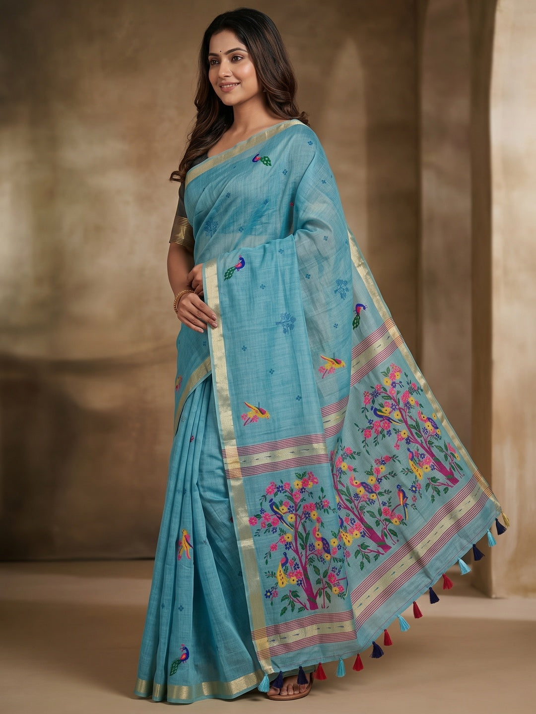 Peachmode Blue Jamdani Woven Silk Cotton Blend Saree - Image 4