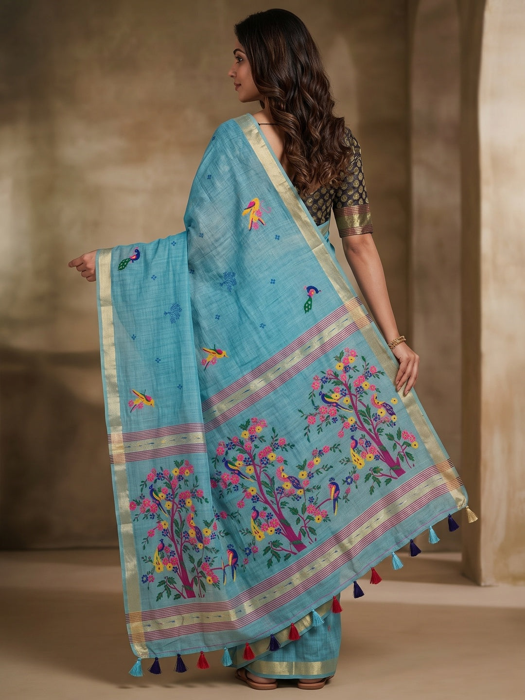 Peachmode Blue Jamdani Woven Silk Cotton Blend Saree - Image 5