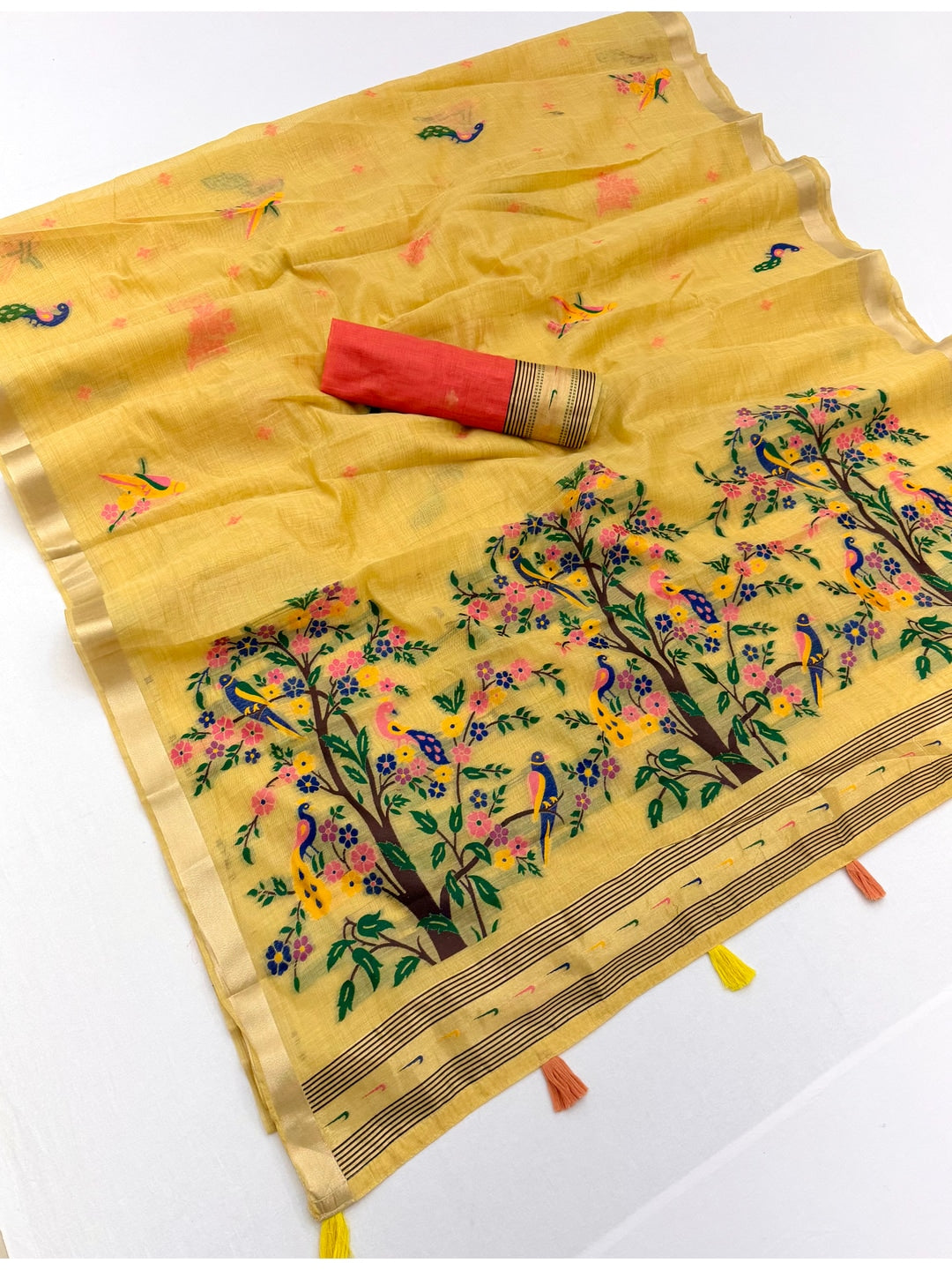 Peachmode Mustard Jamdani Woven Silk Cotton Blend Saree - Image 2