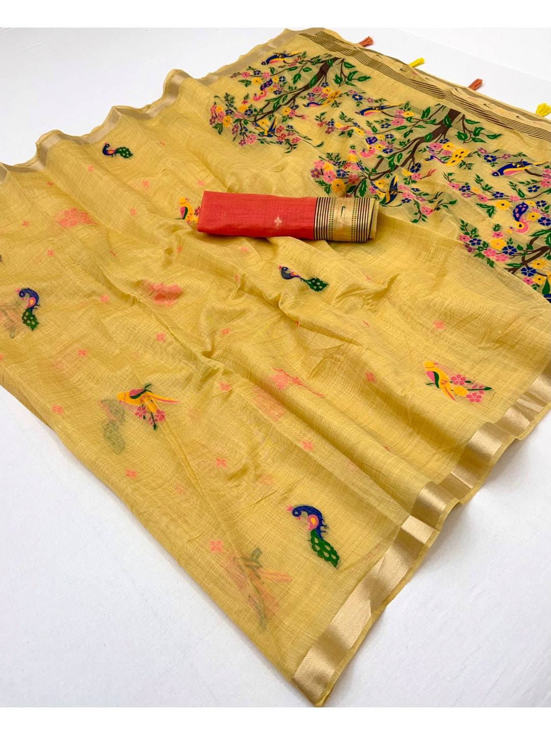 Peachmode Mustard Jamdani Woven Silk Cotton Blend Saree - Image 3