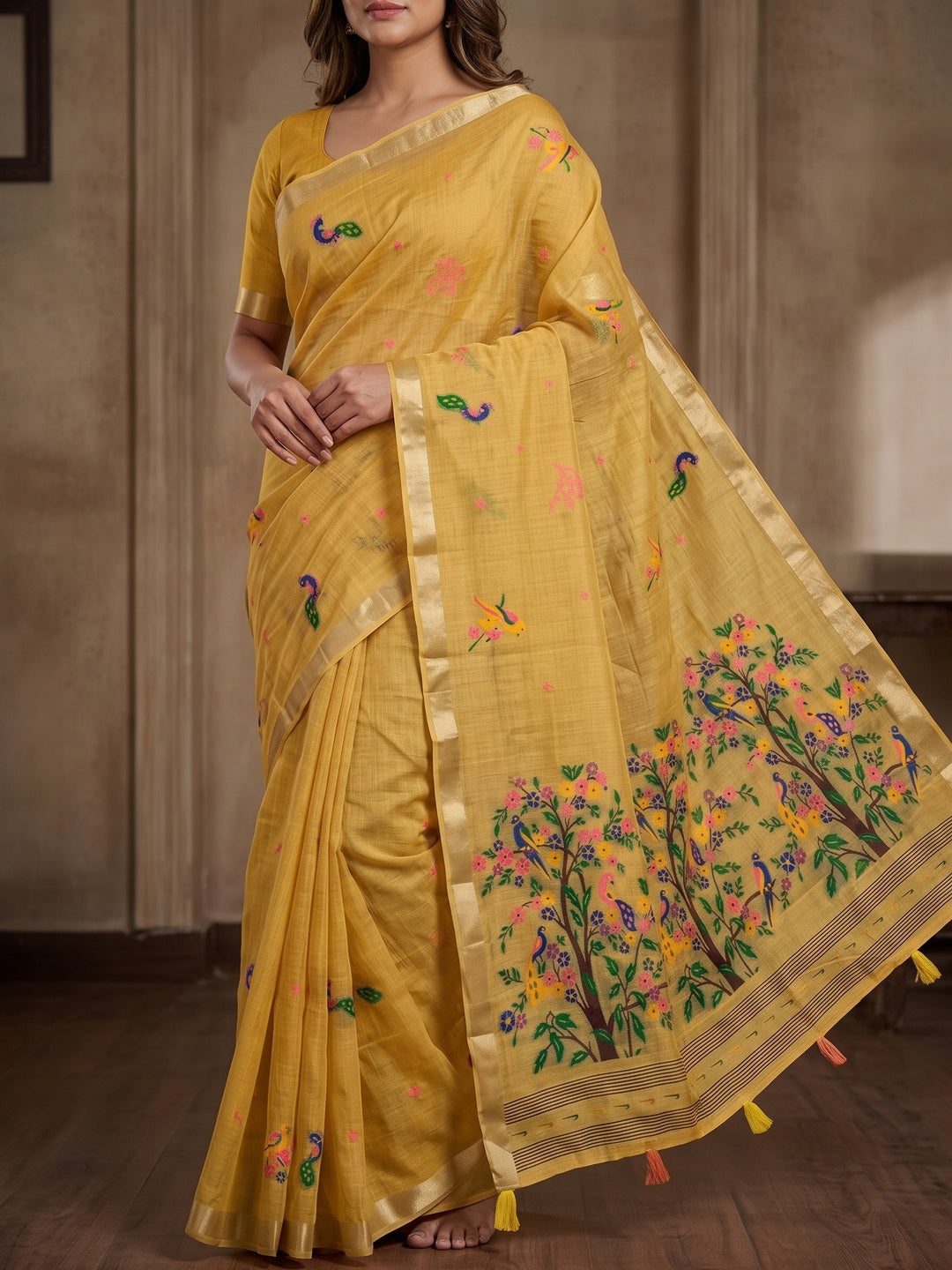 Peachmode Mustard Jamdani Woven Silk Cotton Blend Saree - Image 4