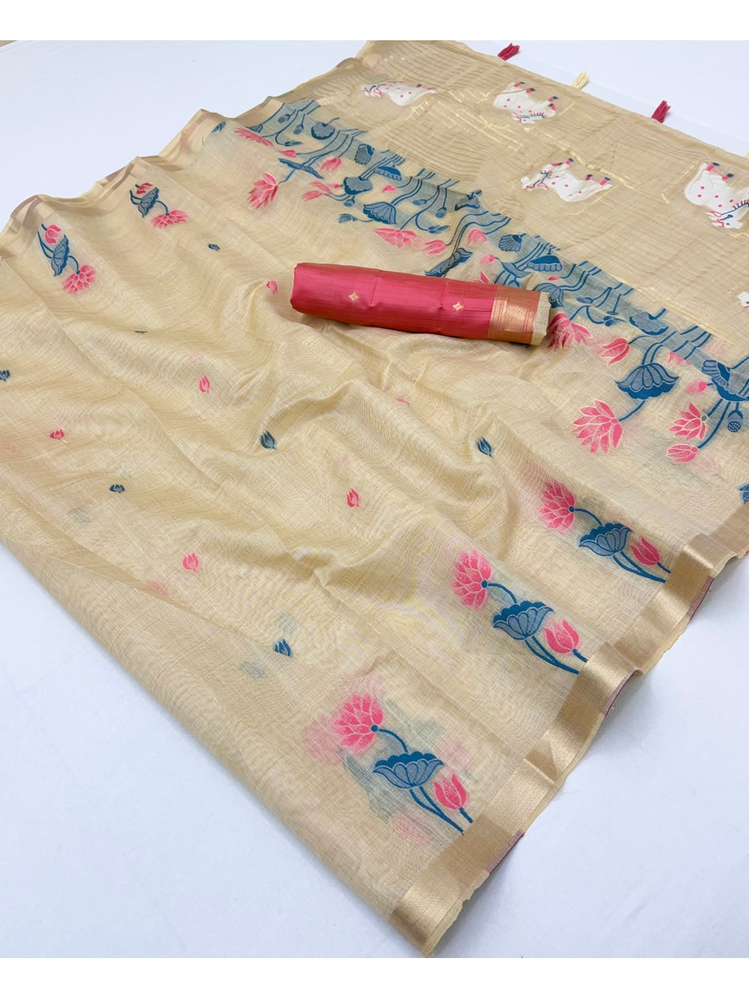 Peachmode Cream Pink Jamdani Woven Silk Cotton Blend Saree - Image 2