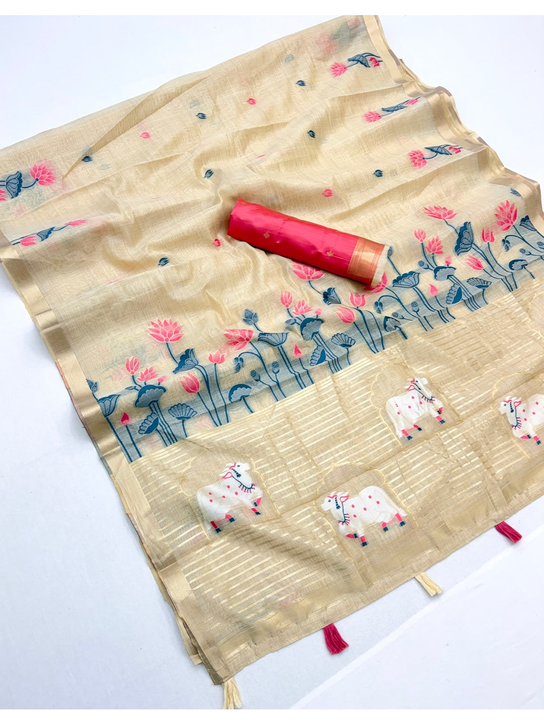 Peachmode Cream Pink Jamdani Woven Silk Cotton Blend Saree - Image 3