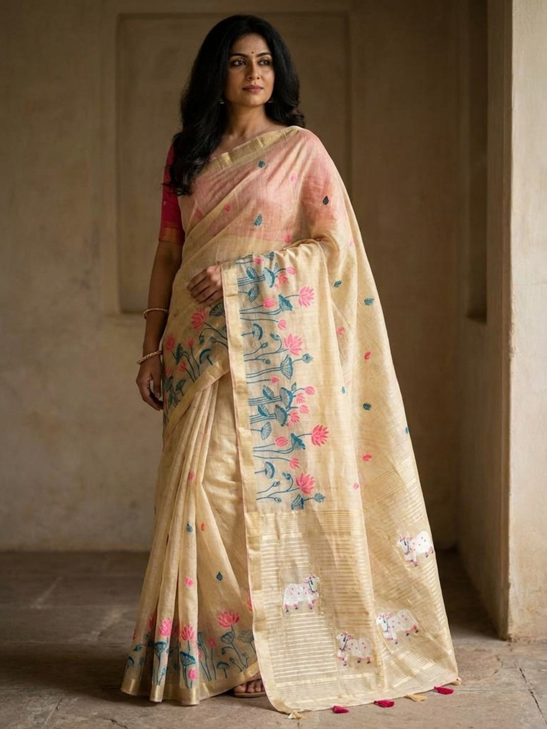 Peachmode Cream Pink Jamdani Woven Silk Cotton Blend Saree - Image 1
