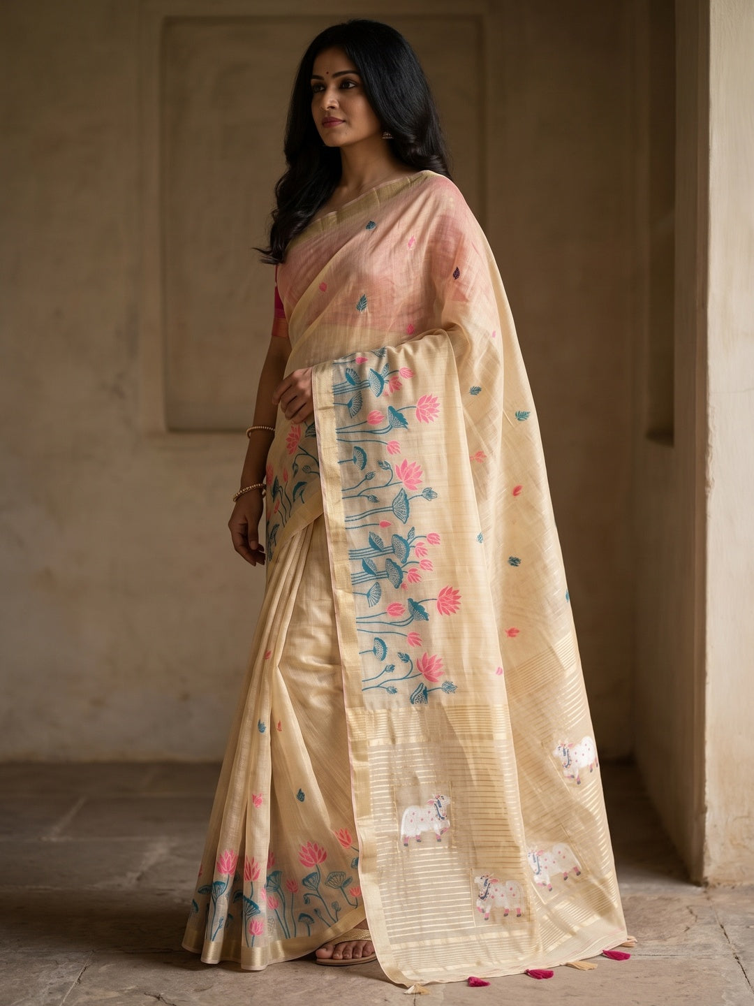 Peachmode Cream Pink Jamdani Woven Silk Cotton Blend Saree - Image 4