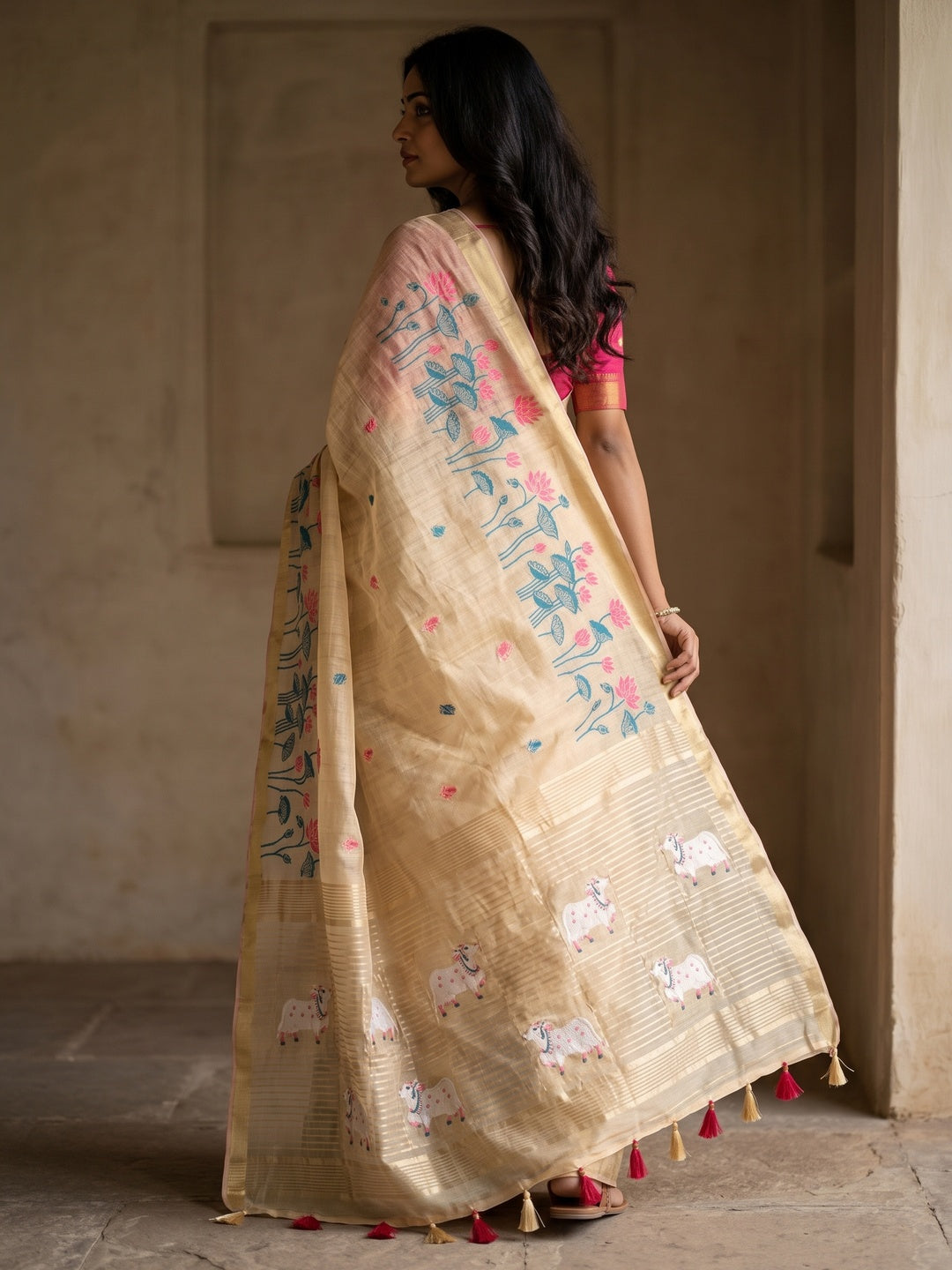 Peachmode Cream Pink Jamdani Woven Silk Cotton Blend Saree - Image 5