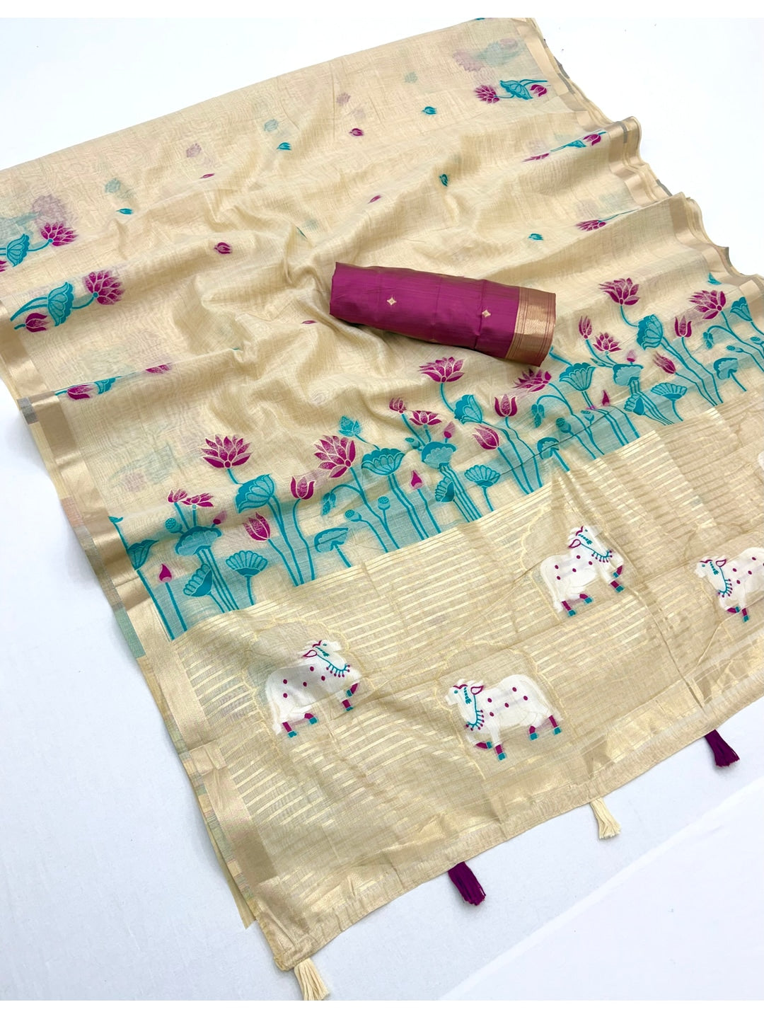 Peachmode Cream Wine Jamdani Woven Silk Cotton Blend Saree - Image 3