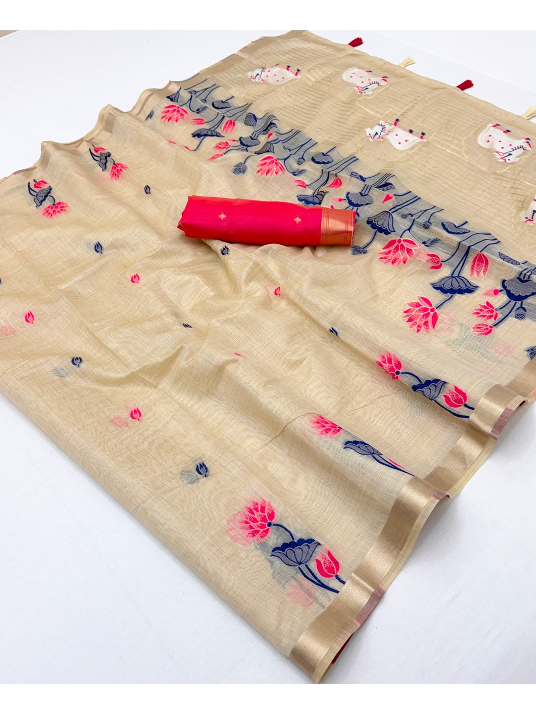 Peachmode Cream Rani Pink Jamdani Woven Silk Cotton Blend Saree - Image 2