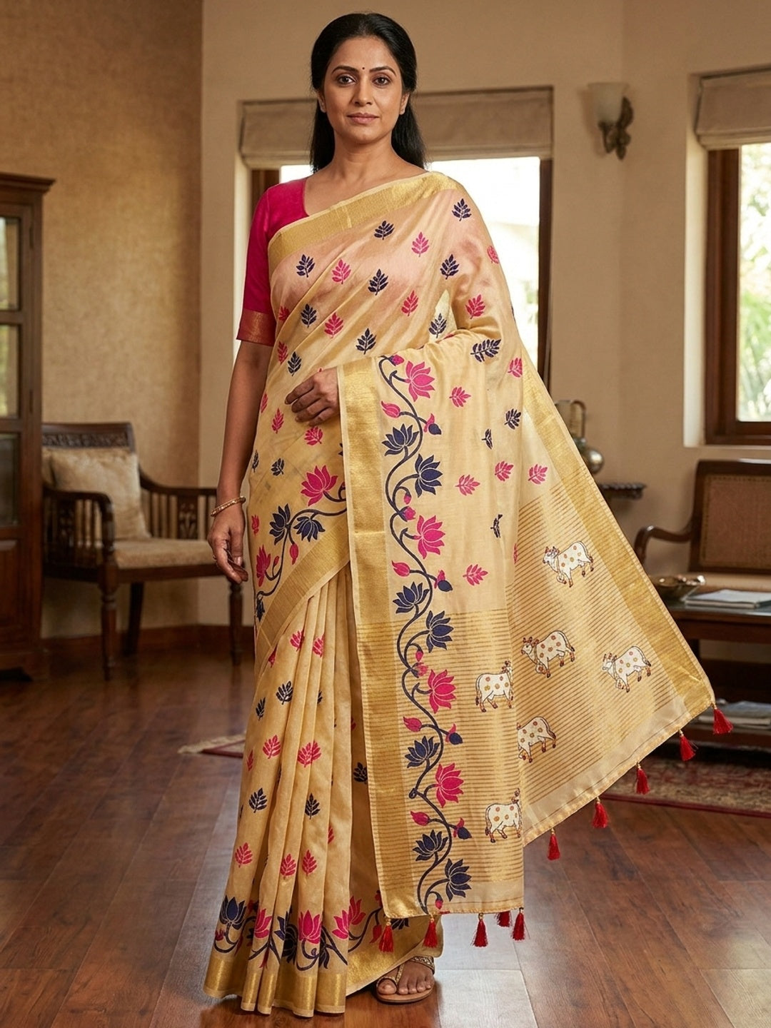 Peachmode Cream Rani Pink Jamdani Woven Silk Cotton Blend Saree - Image 1