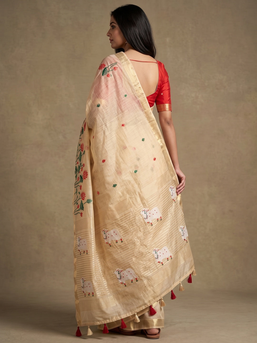 Peachmode Cream Red Jamdani Woven Silk Cotton Blend Saree - Image 5