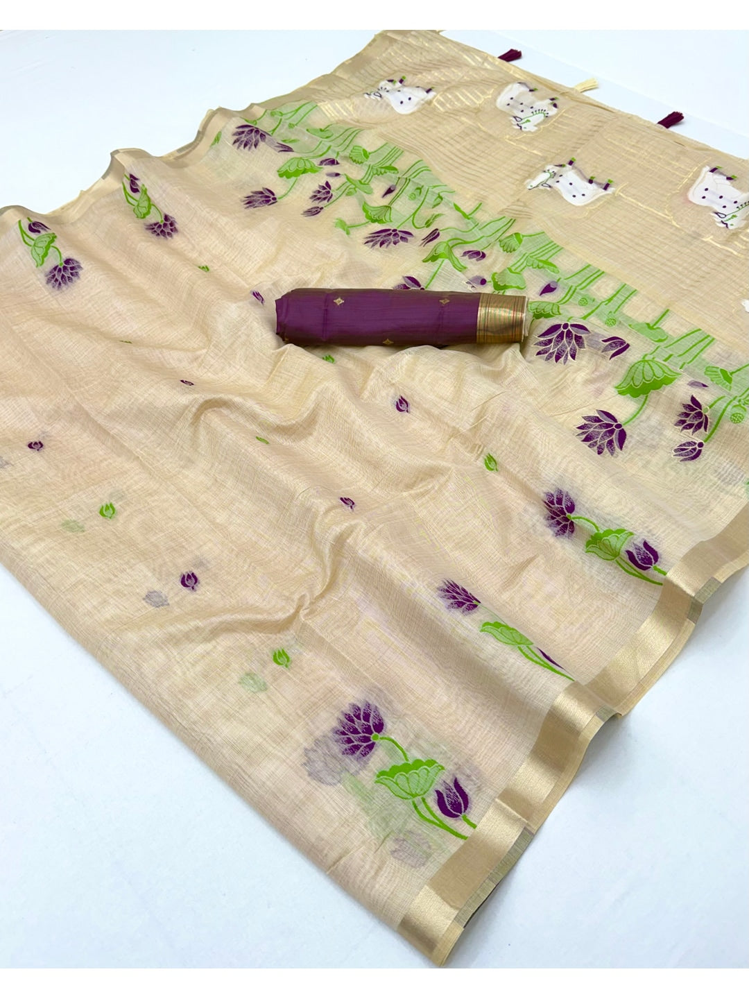 Peachmode Cream Purple Jamdani Woven Silk Cotton Blend Saree - Image 2