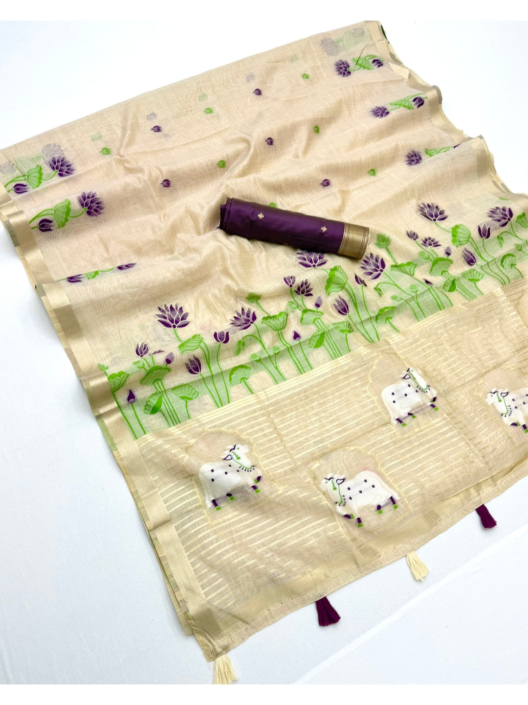 Peachmode Cream Purple Jamdani Woven Silk Cotton Blend Saree - Image 3