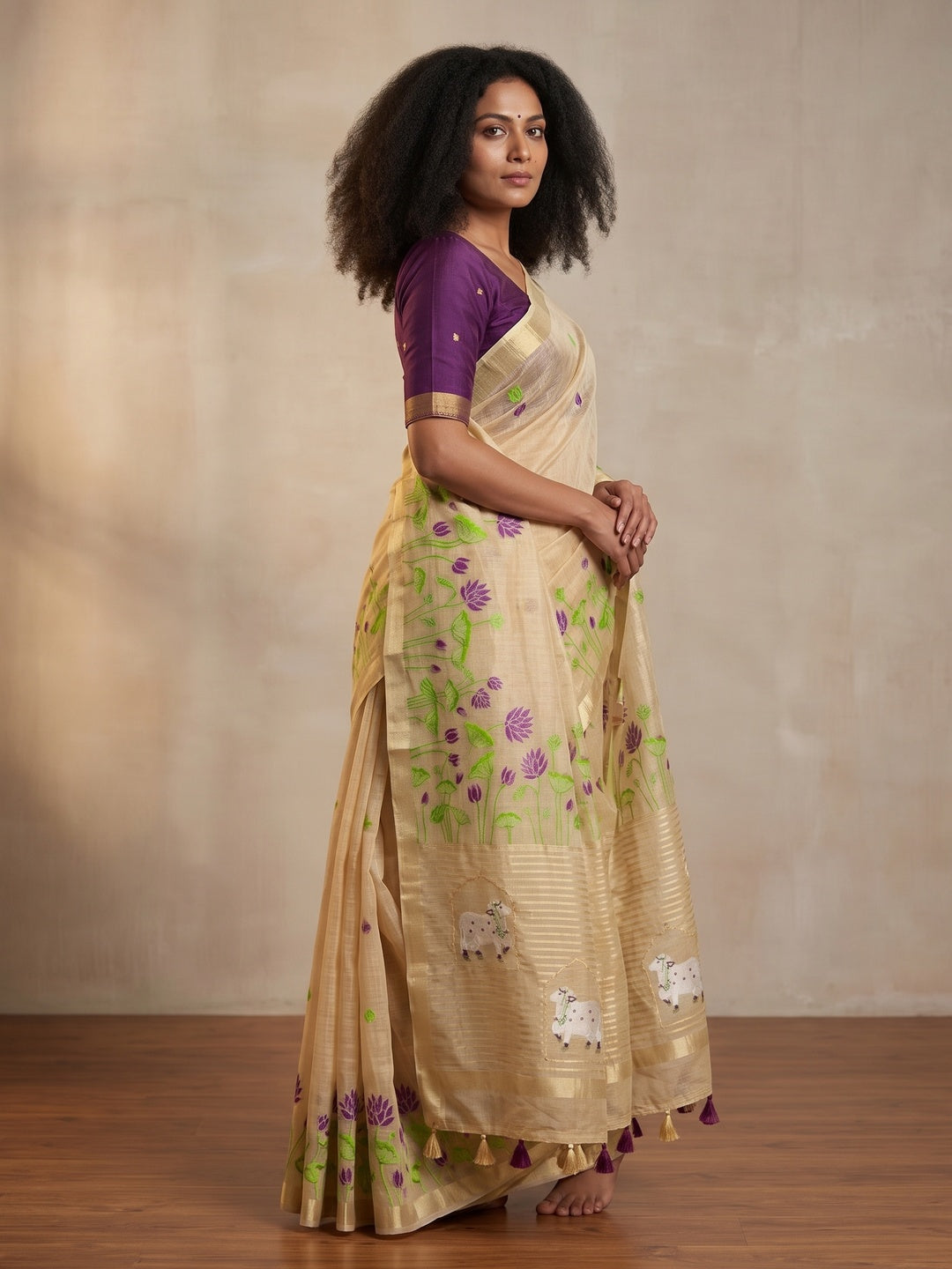 Peachmode Cream Purple Jamdani Woven Silk Cotton Blend Saree - Image 4