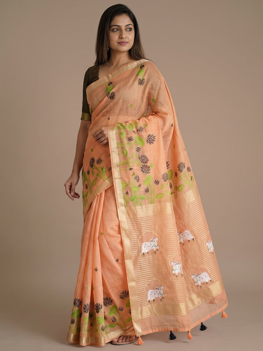 Peachmode Peach Jamdani Woven Silk Cotton Blend Saree - Image 4