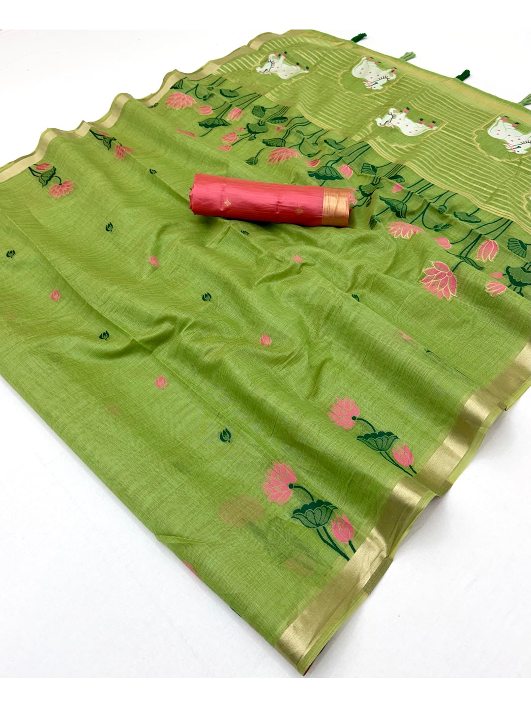 Peachmode Lime Green Jamdani Woven Silk Cotton Blend Saree - Image 3