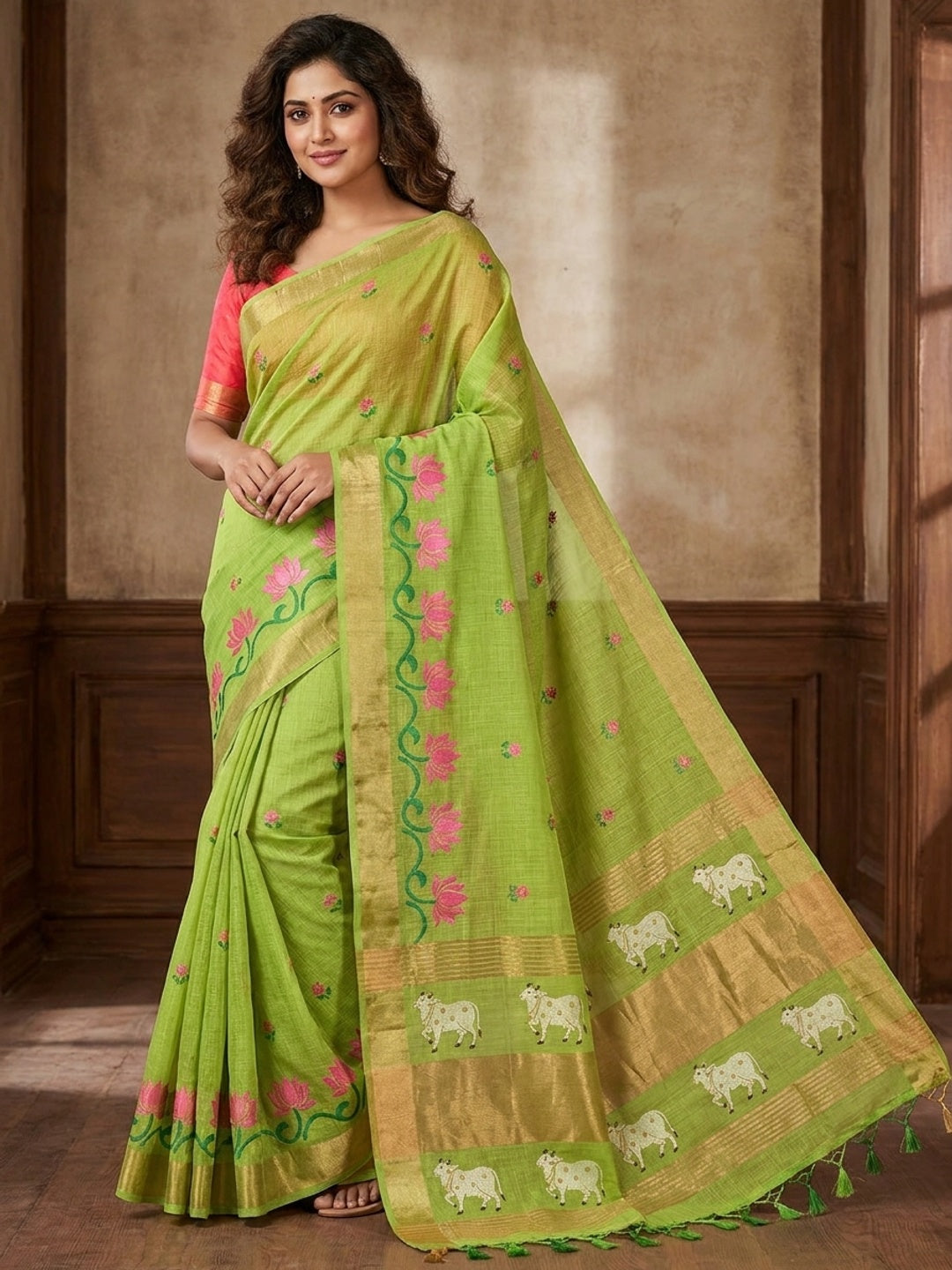 Peachmode Lime Green Jamdani Woven Silk Cotton Blend Saree - Image 1