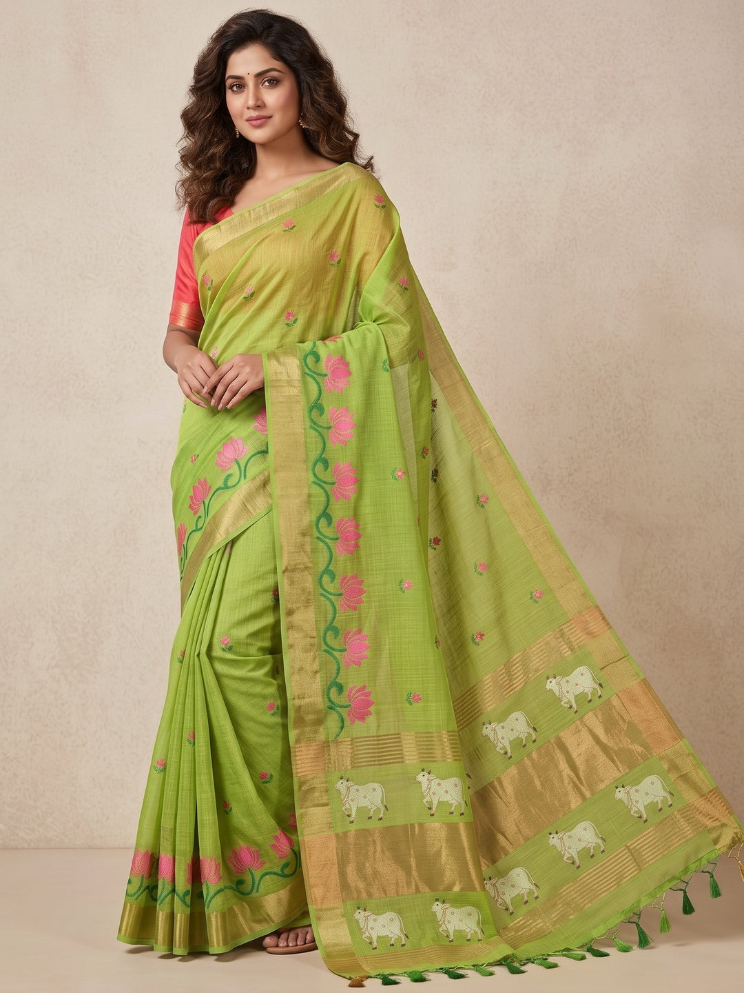 Peachmode Lime Green Jamdani Woven Silk Cotton Blend Saree - Image 4