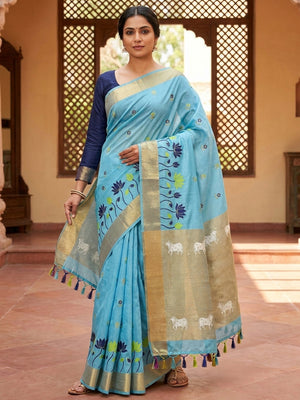 Peachmode Sky Blue Jamdani Woven Silk Cotton Blend Saree - Image 1