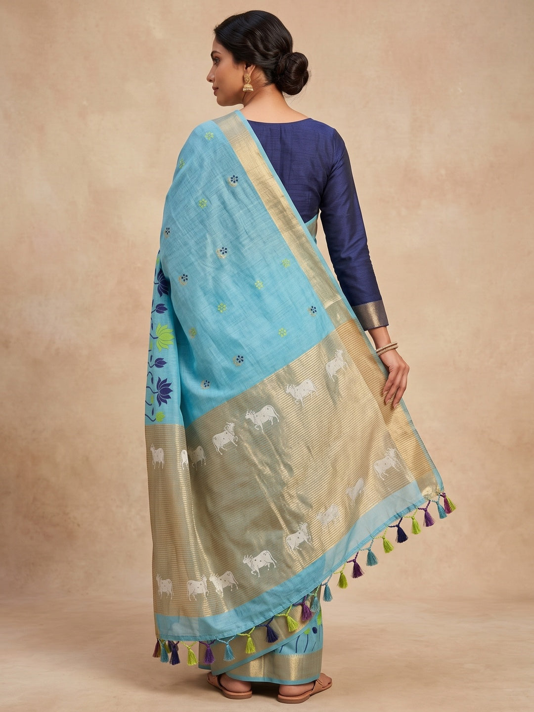 Peachmode Sky Blue Jamdani Woven Silk Cotton Blend Saree - Image 5
