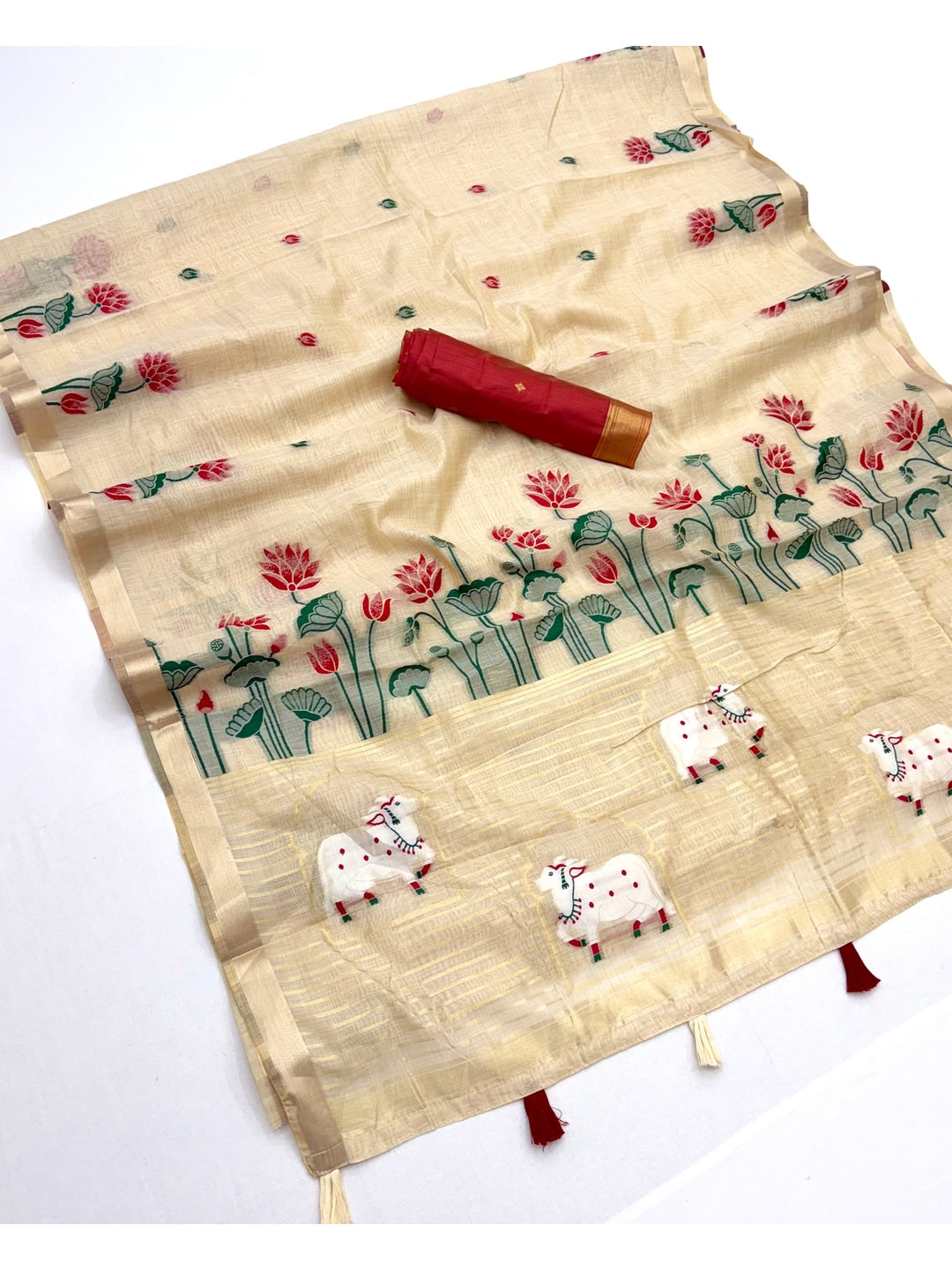 Peachmode Cream Jamdani Woven Silk Cotton Blend Saree - Image 2
