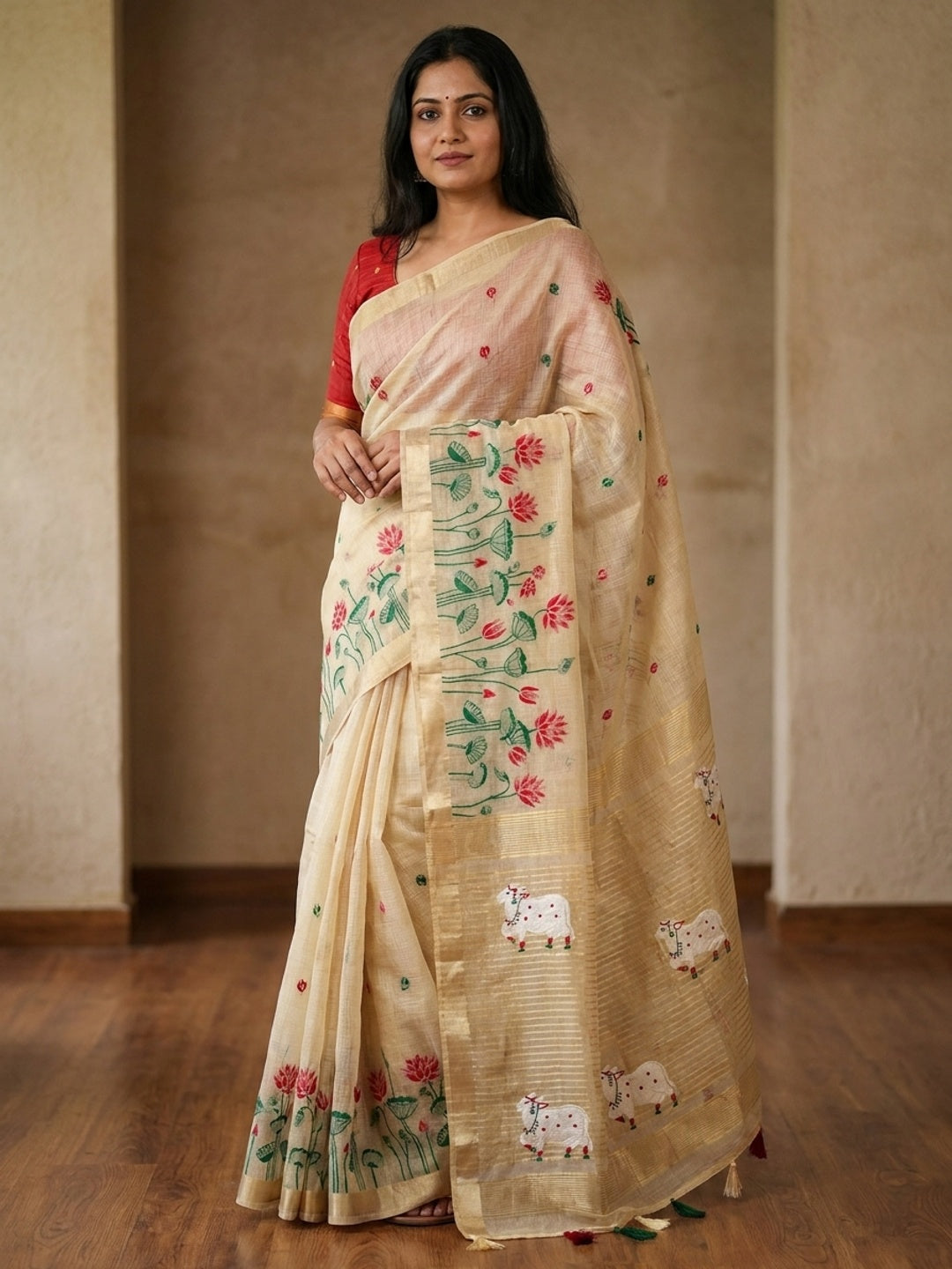 Peachmode Cream Jamdani Woven Silk Cotton Blend Saree - Image 1