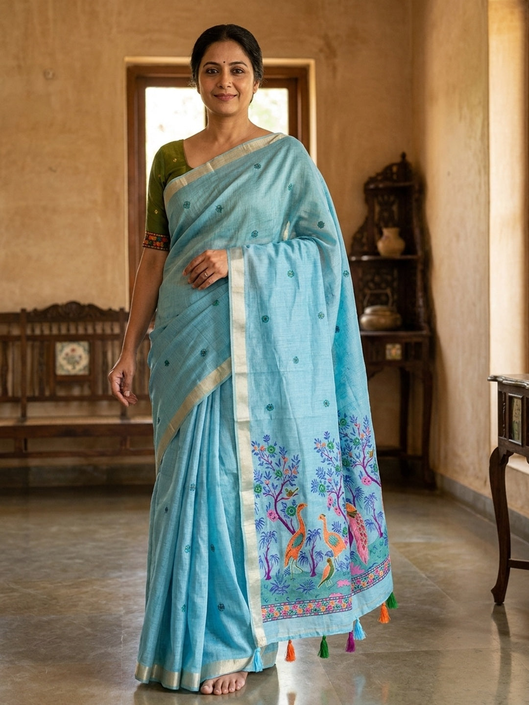 Peachmode Sky Blue Jamdani Peacock Woven Silk Cotton Blend Saree - Image 1