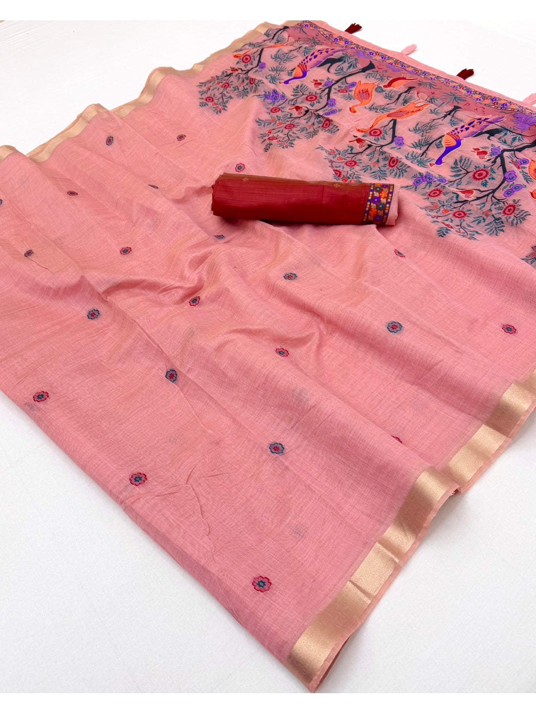 Peachmode Pink Jamdani Peacock Woven Silk Cotton Blend Saree - Image 2