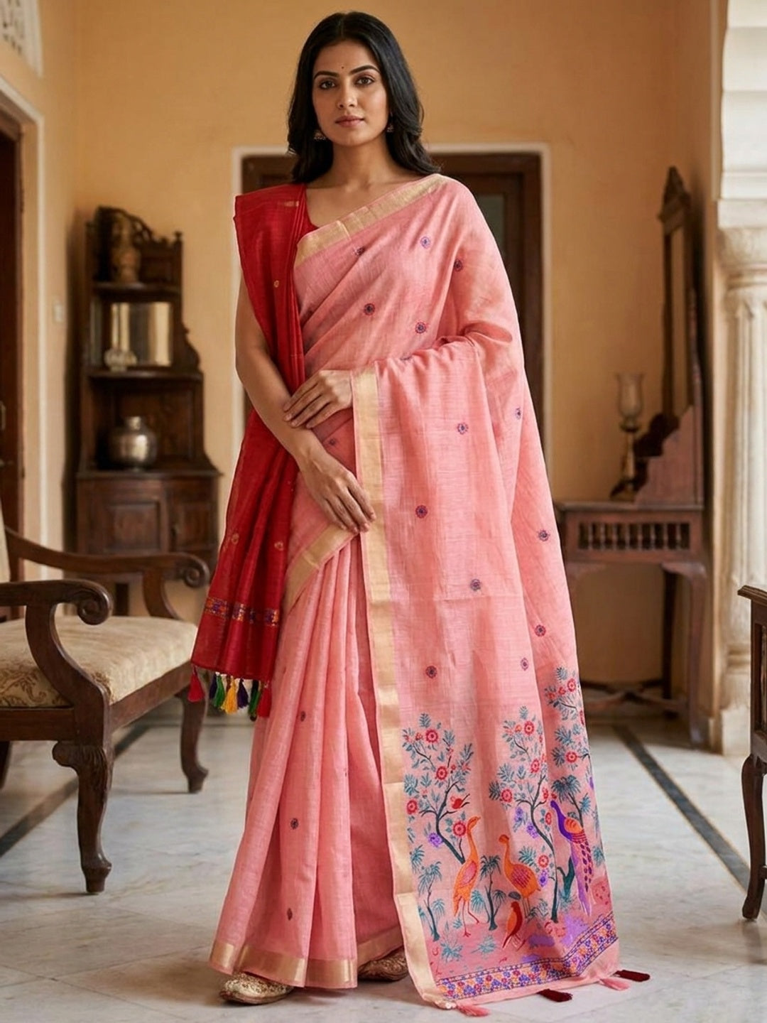 Peachmode Pink Jamdani Peacock Woven Silk Cotton Blend Saree - Image 1