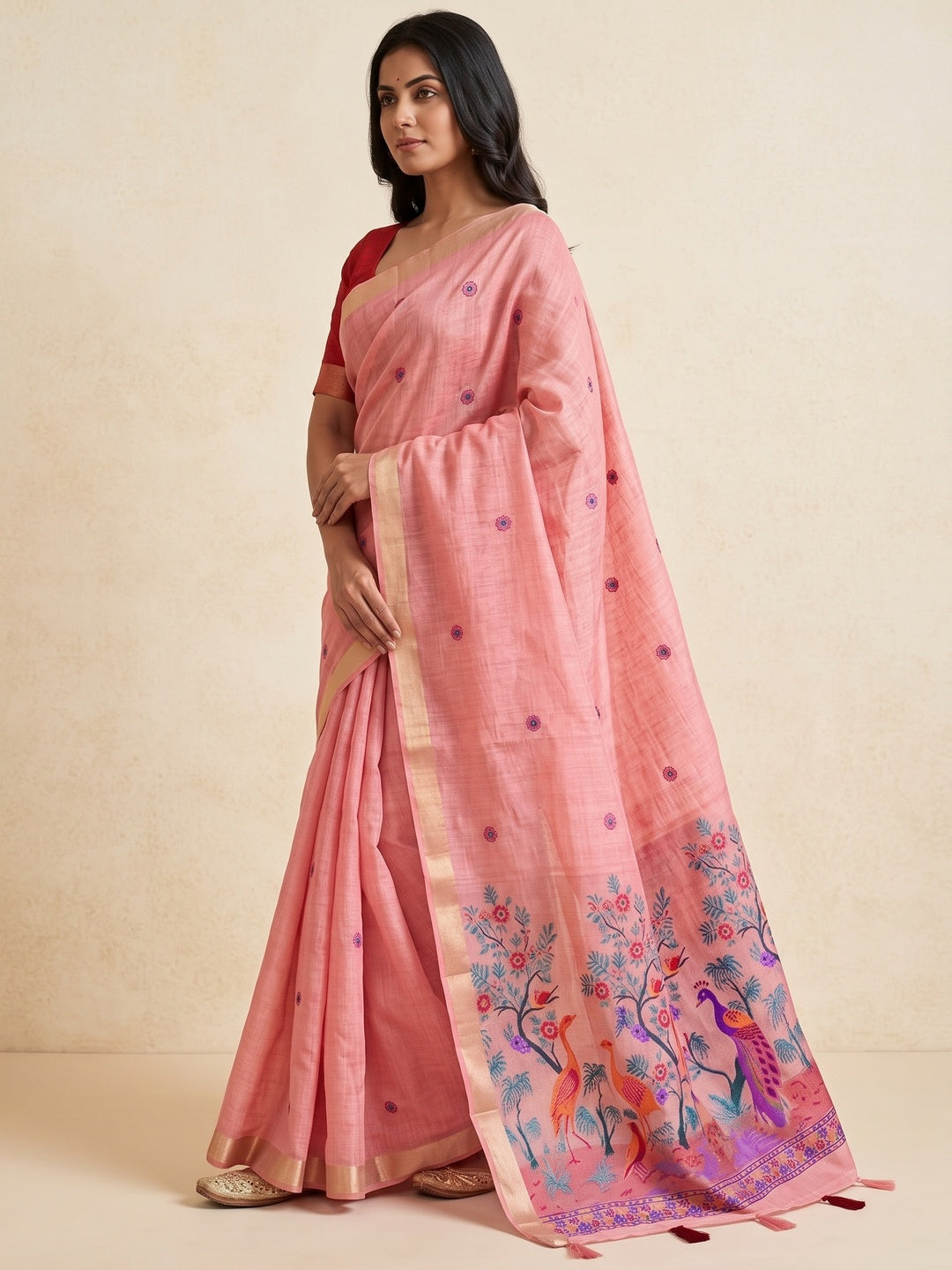 Peachmode Pink Jamdani Peacock Woven Silk Cotton Blend Saree - Image 4