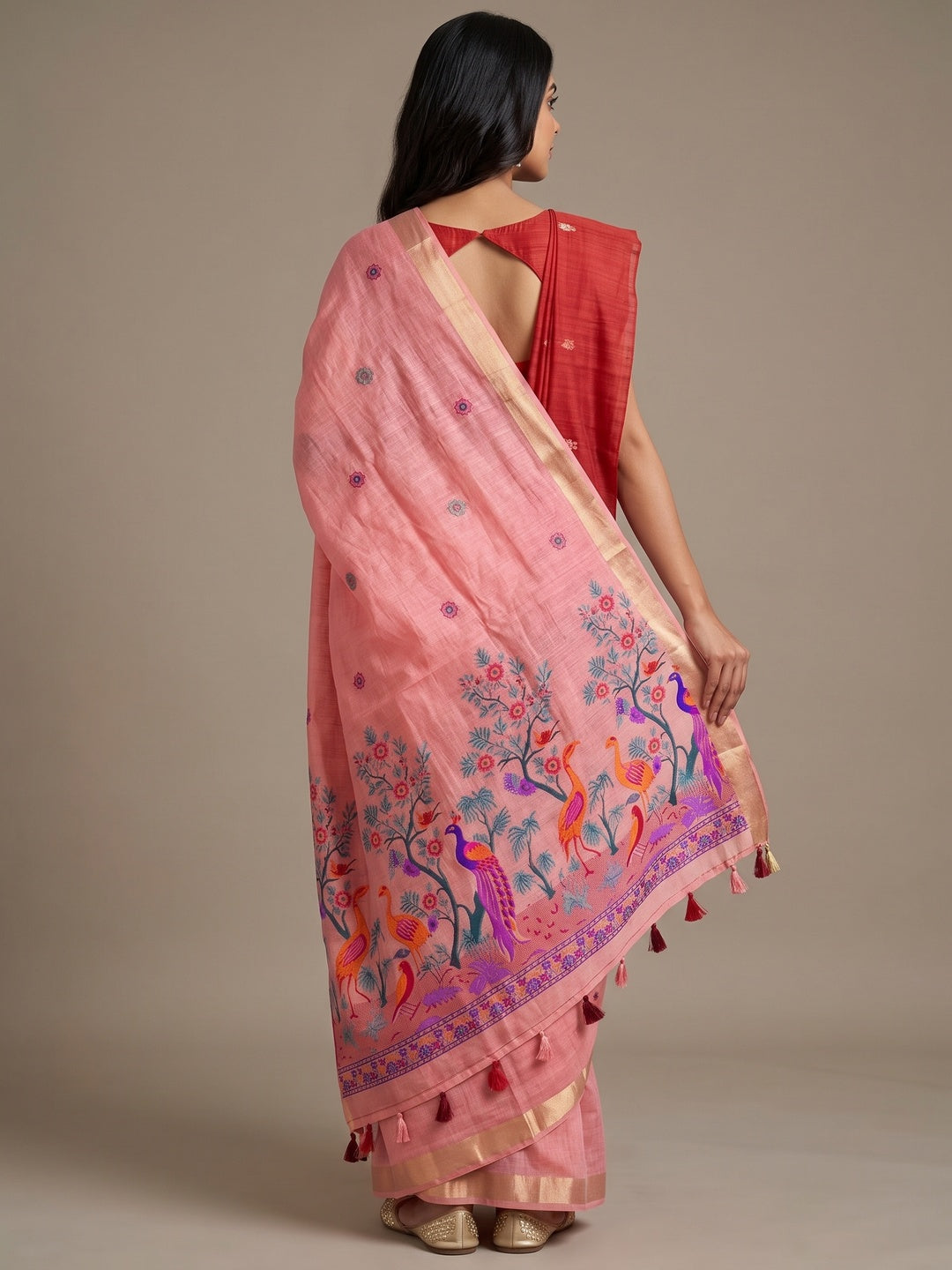 Peachmode Pink Jamdani Peacock Woven Silk Cotton Blend Saree - Image 5