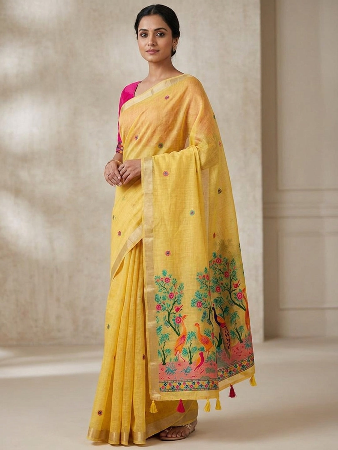 Peachmode Yellow Jamdani Peacock Woven Silk Cotton Blend Saree - Image 1