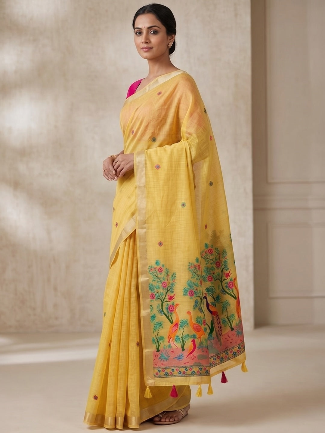 Peachmode Yellow Jamdani Peacock Woven Silk Cotton Blend Saree - Image 4