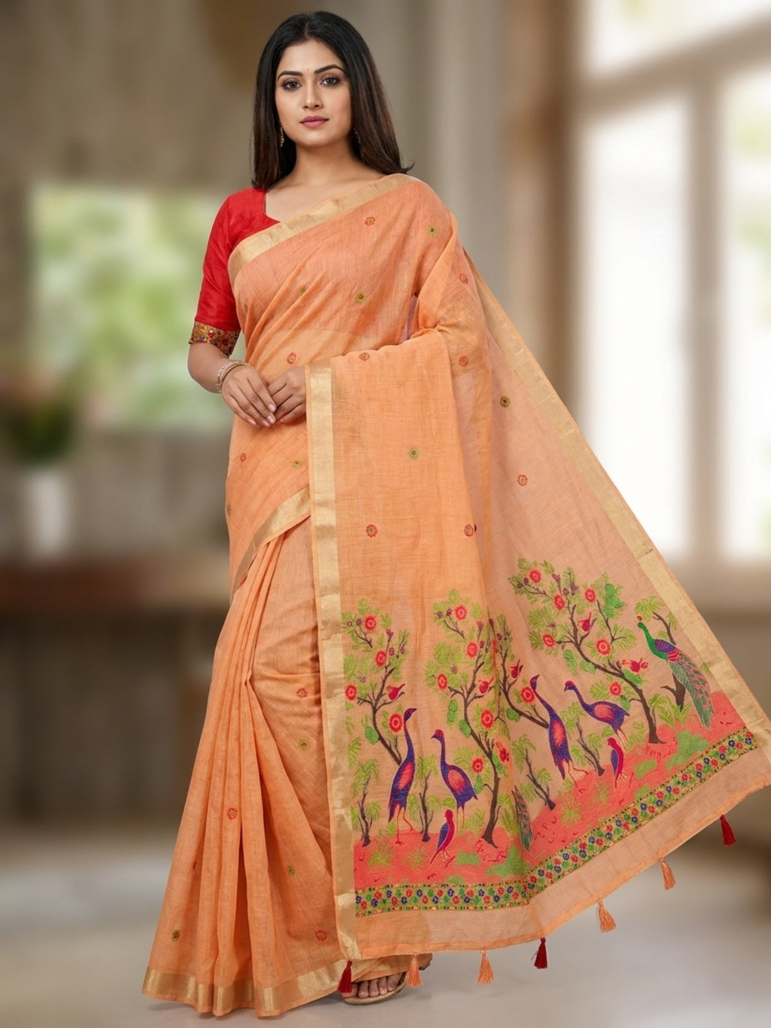 Peachmode Peach Jamdani Peacock Woven Silk Cotton Blend Saree - Image 1