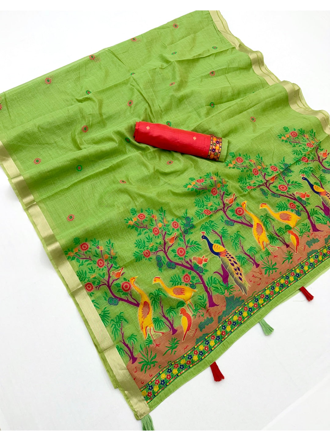 Peachmode Lime Green Jamdani Peacock Woven Silk Cotton Blend Saree - Image 2