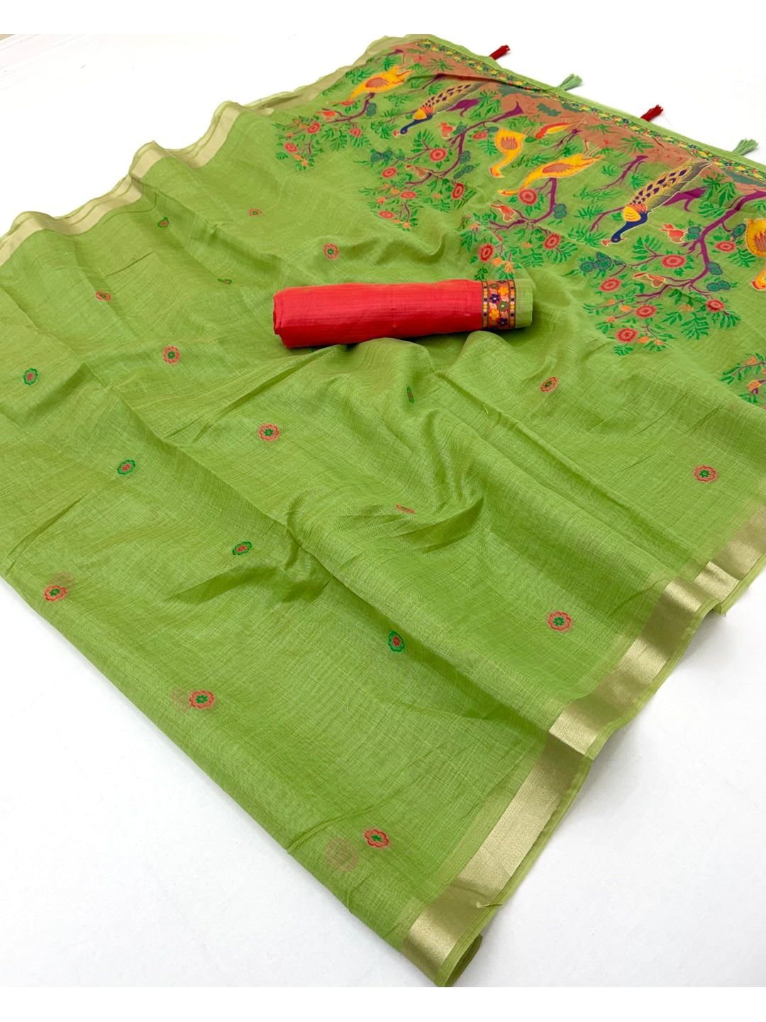 Peachmode Lime Green Jamdani Peacock Woven Silk Cotton Blend Saree - Image 3