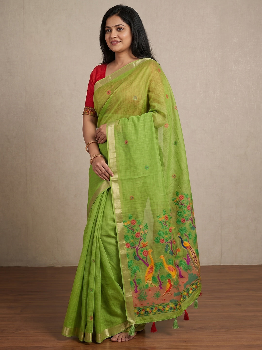 Peachmode Lime Green Jamdani Peacock Woven Silk Cotton Blend Saree - Image 4