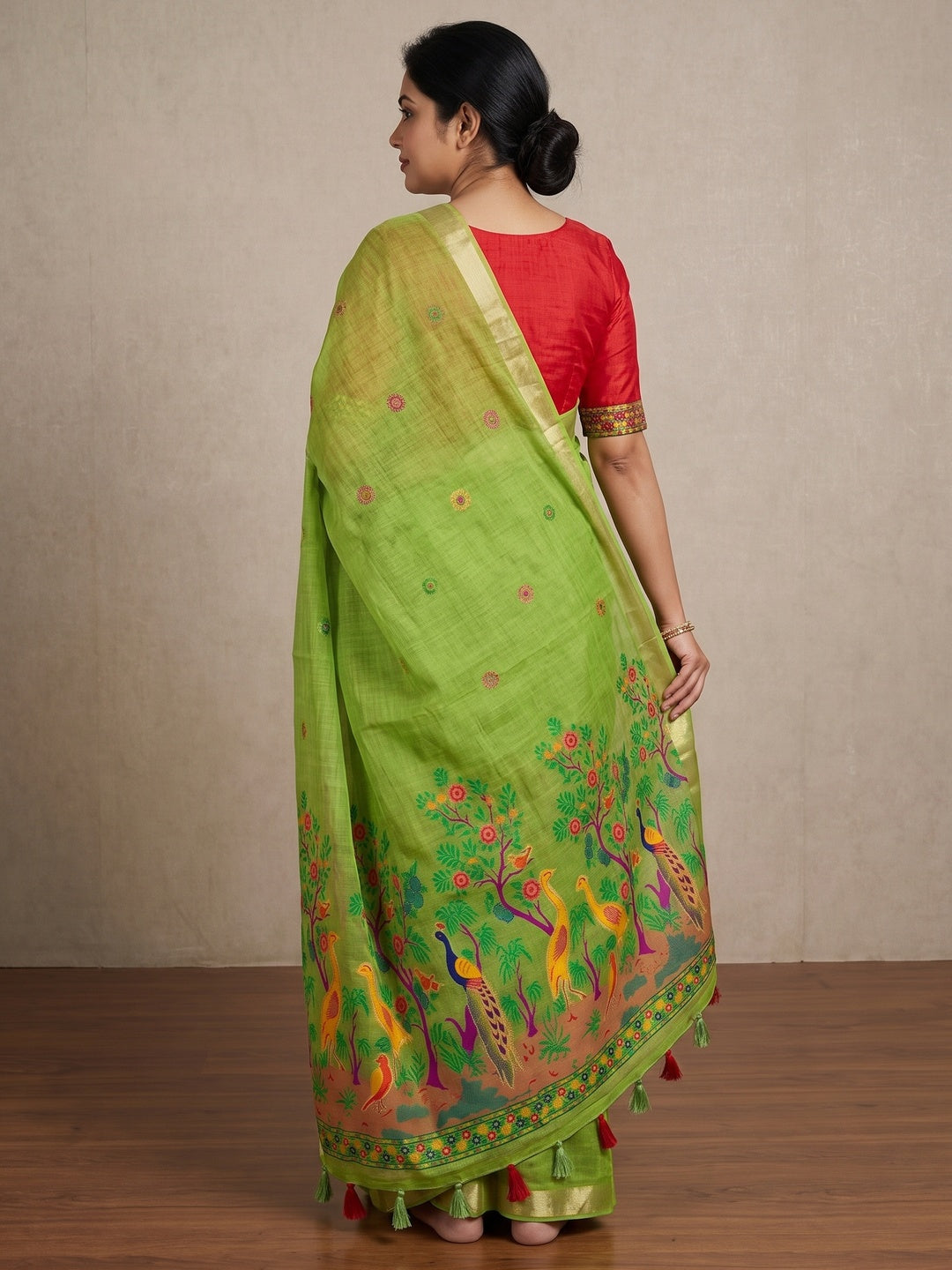 Peachmode Lime Green Jamdani Peacock Woven Silk Cotton Blend Saree - Image 5