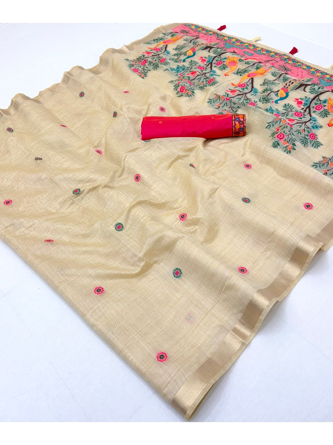 Peachmode Cream Jamdani Peacock Woven Silk Cotton Blend Saree - Image 2