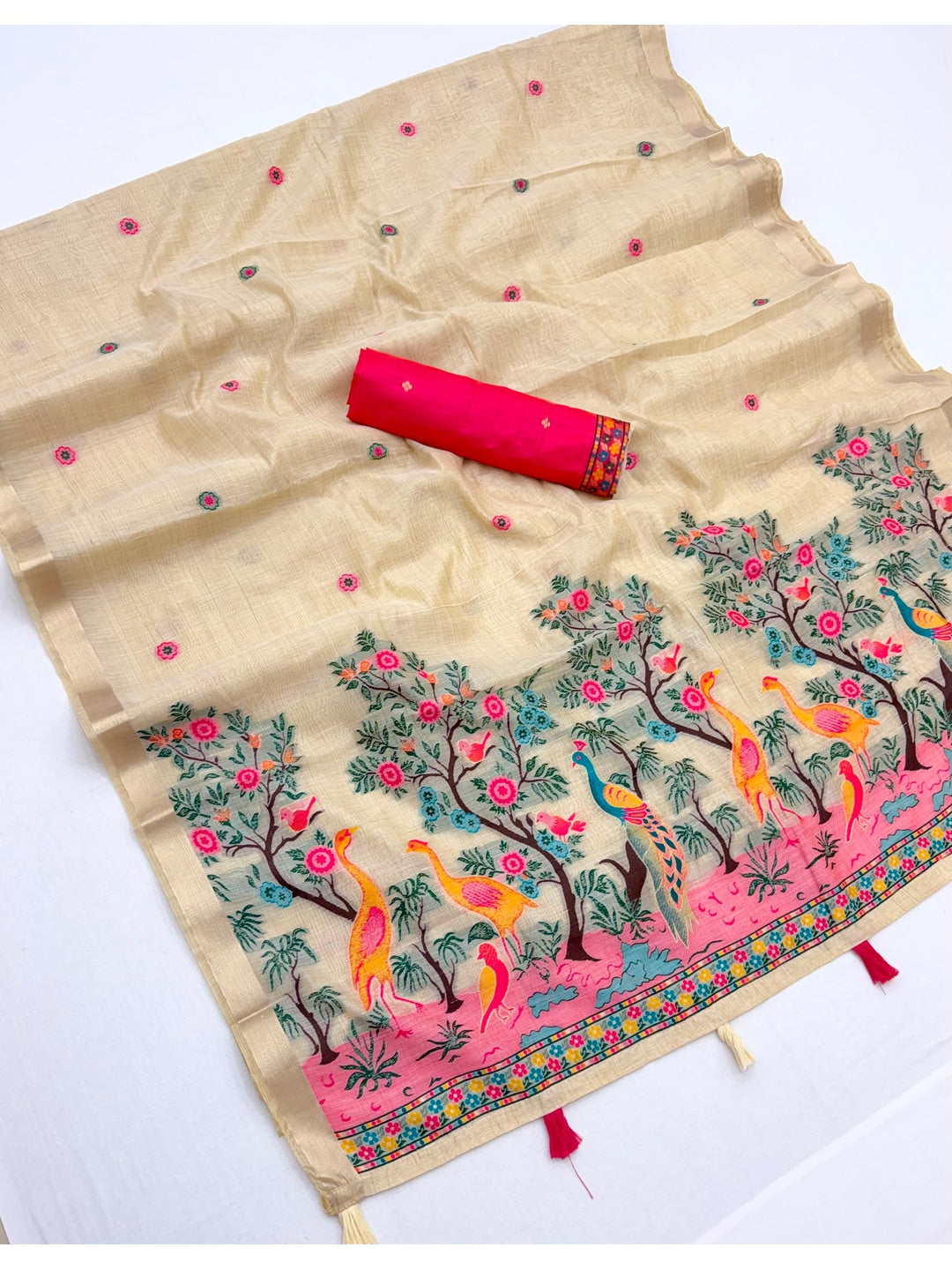 Peachmode Cream Jamdani Peacock Woven Silk Cotton Blend Saree - Image 3