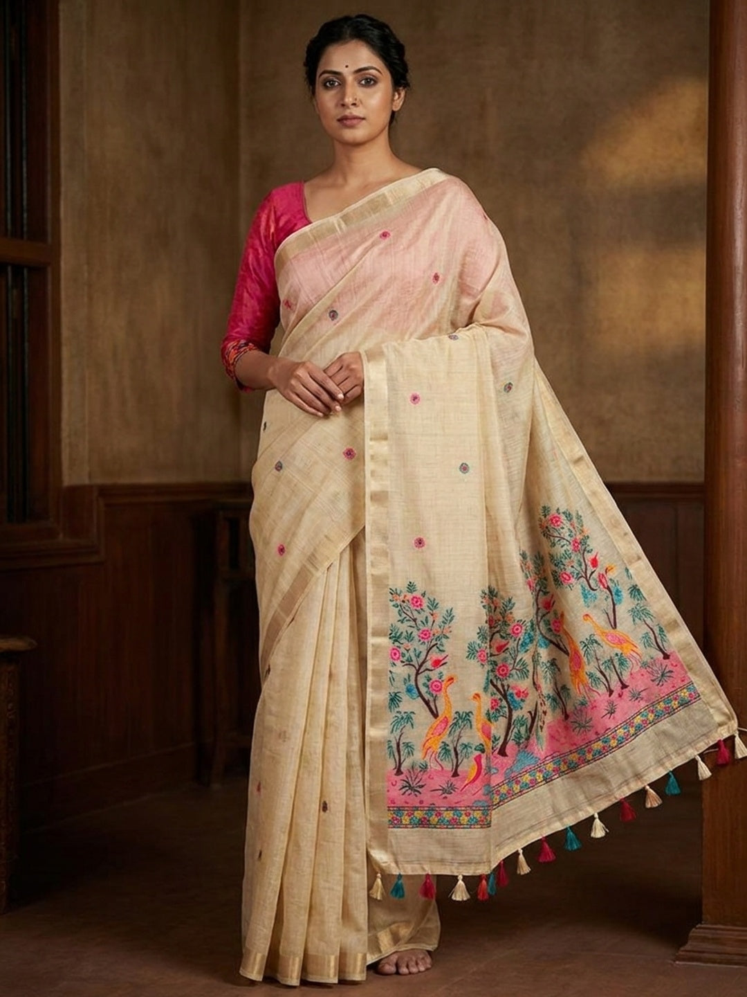 Peachmode Cream Jamdani Peacock Woven Silk Cotton Blend Saree - Image 1