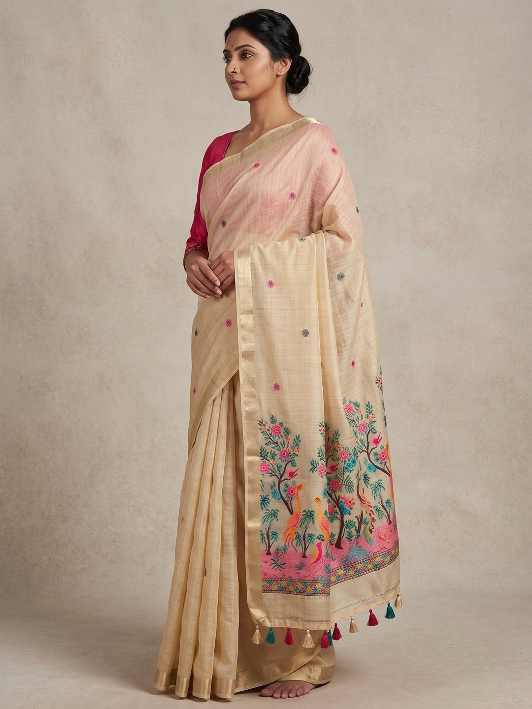 Peachmode Cream Jamdani Peacock Woven Silk Cotton Blend Saree - Image 4