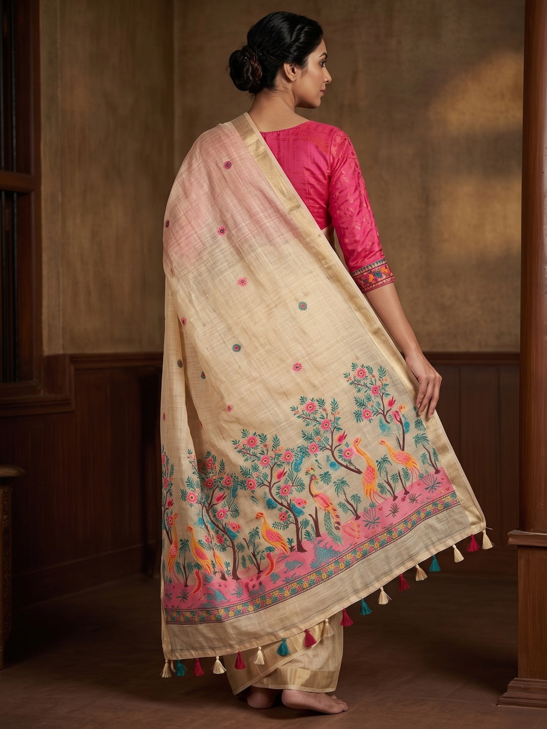 Peachmode Cream Jamdani Peacock Woven Silk Cotton Blend Saree - Image 5