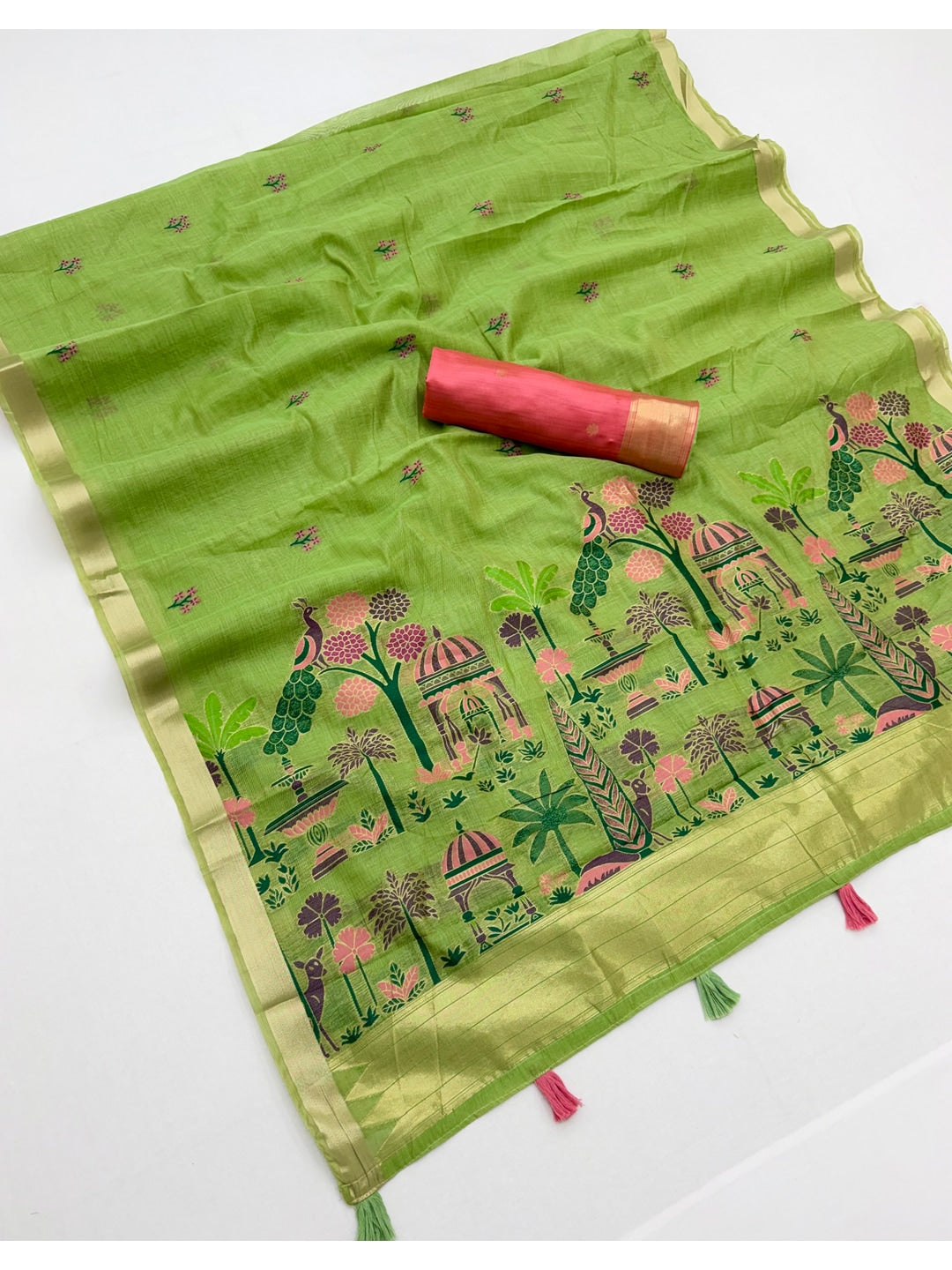 Peachmode Lime Green Jamdani Palace Woven Silk Cotton Blend Saree - Image 2