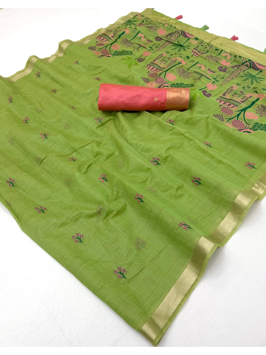 Peachmode Lime Green Jamdani Palace Woven Silk Cotton Blend Saree - Image 3