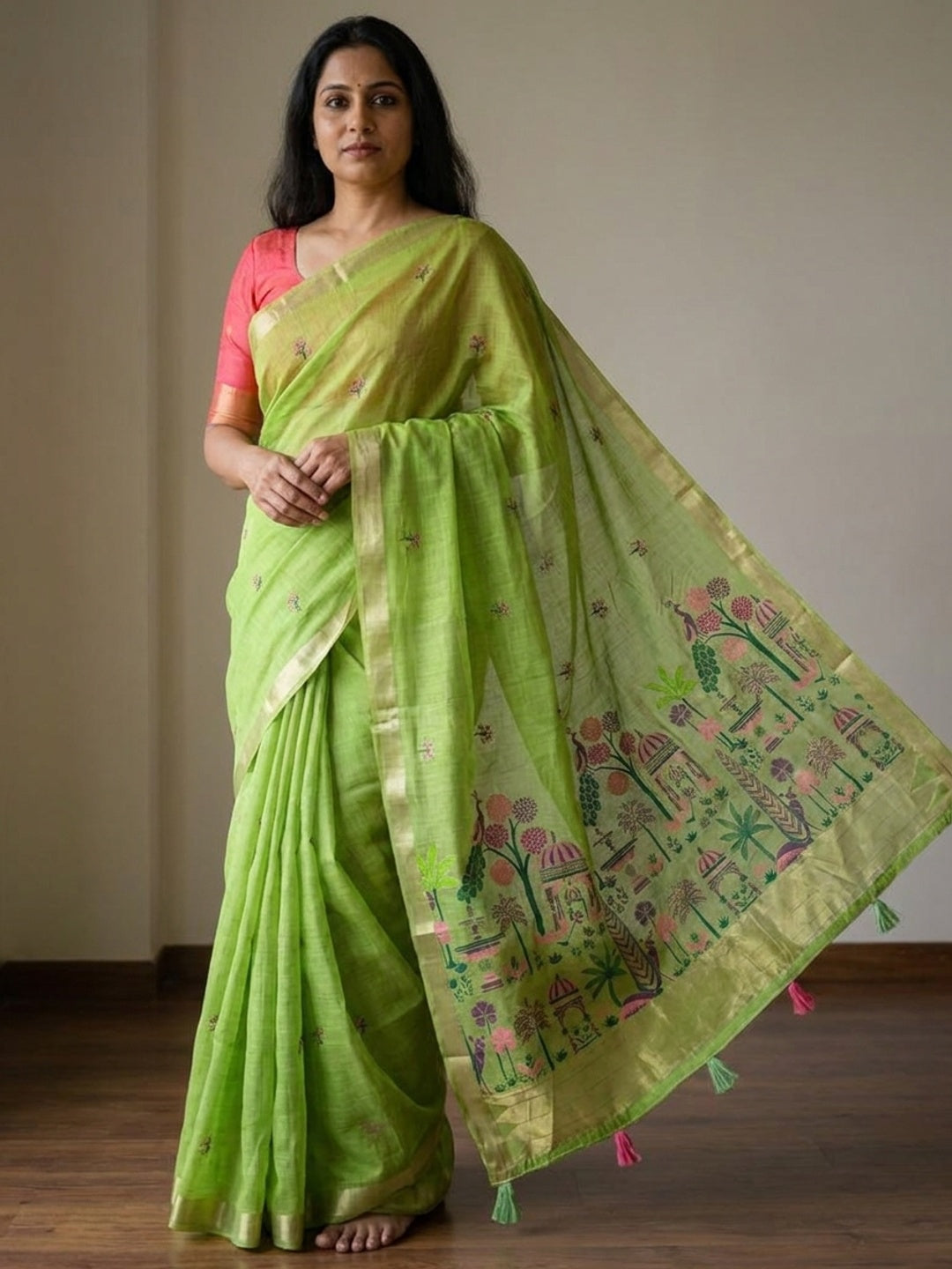 Peachmode Lime Green Jamdani Palace Woven Silk Cotton Blend Saree - Image 1