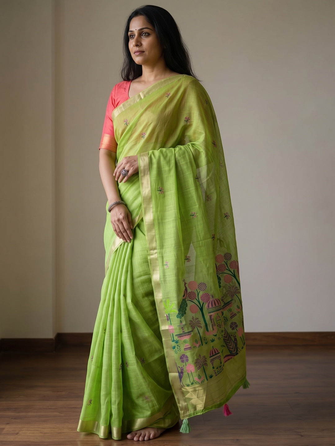 Peachmode Lime Green Jamdani Palace Woven Silk Cotton Blend Saree - Image 4