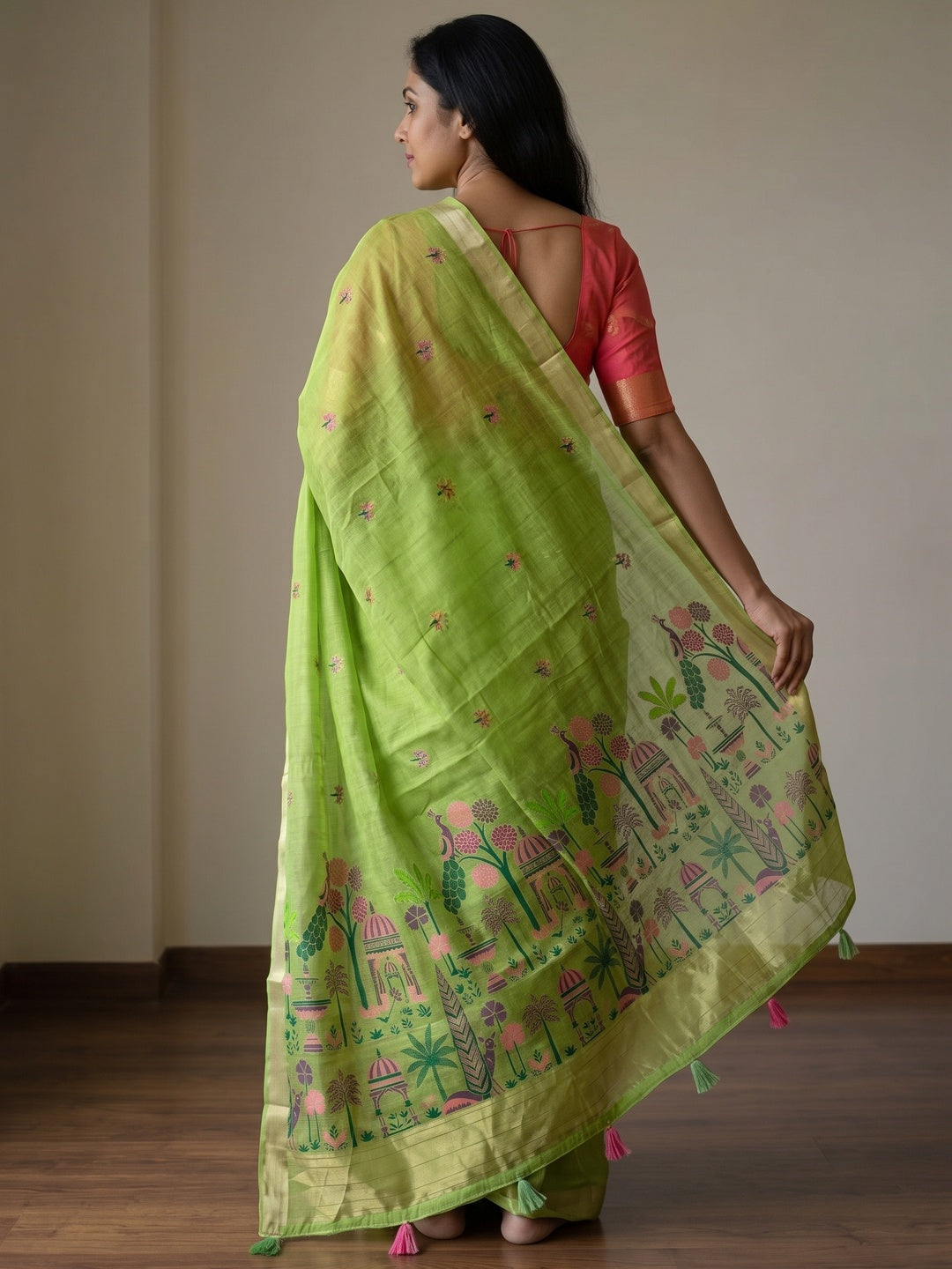 Peachmode Lime Green Jamdani Palace Woven Silk Cotton Blend Saree - Image 5
